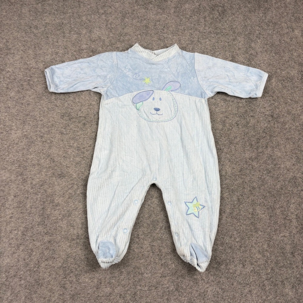 Vintage Baby Footie Pajamas Unisex 6-9 Months Blue Dog Star‎ Velour Sleeper